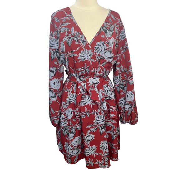 Buguest Wrap Dress Womens 3X Red Gray New Tie Waist Long Sleeves Floral - Picture 1 of 10